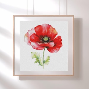 Poppy cross stitch pattern, red wildflower x-stitch PDF design, floral modern cross stitch, stitching botanical wall art