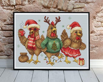 Patrón de punto de cruz de pollo navideño, decoración navideña en punto de cruz, diseño de pájaros divertidos