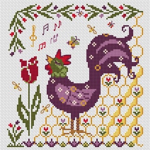 Peut inclure: Modèle de point de croix représentant un coq violet avec des notes de musique, une tulipe et des abeilles. Le coq est debout sur un motif en nid d'abeille.