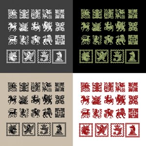 May include: A set of 20 black and white, green, and red digital illustrations of mythical creatures in square frames. The creatures include a unicorn, a griffin, a lion, and a phoenix.