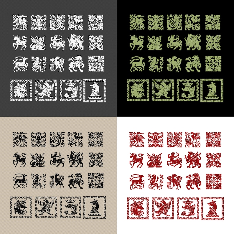May include: A set of 20 black and white, green, and red digital illustrations of mythical creatures in square frames. The creatures include a unicorn, a griffin, a lion, and a phoenix.