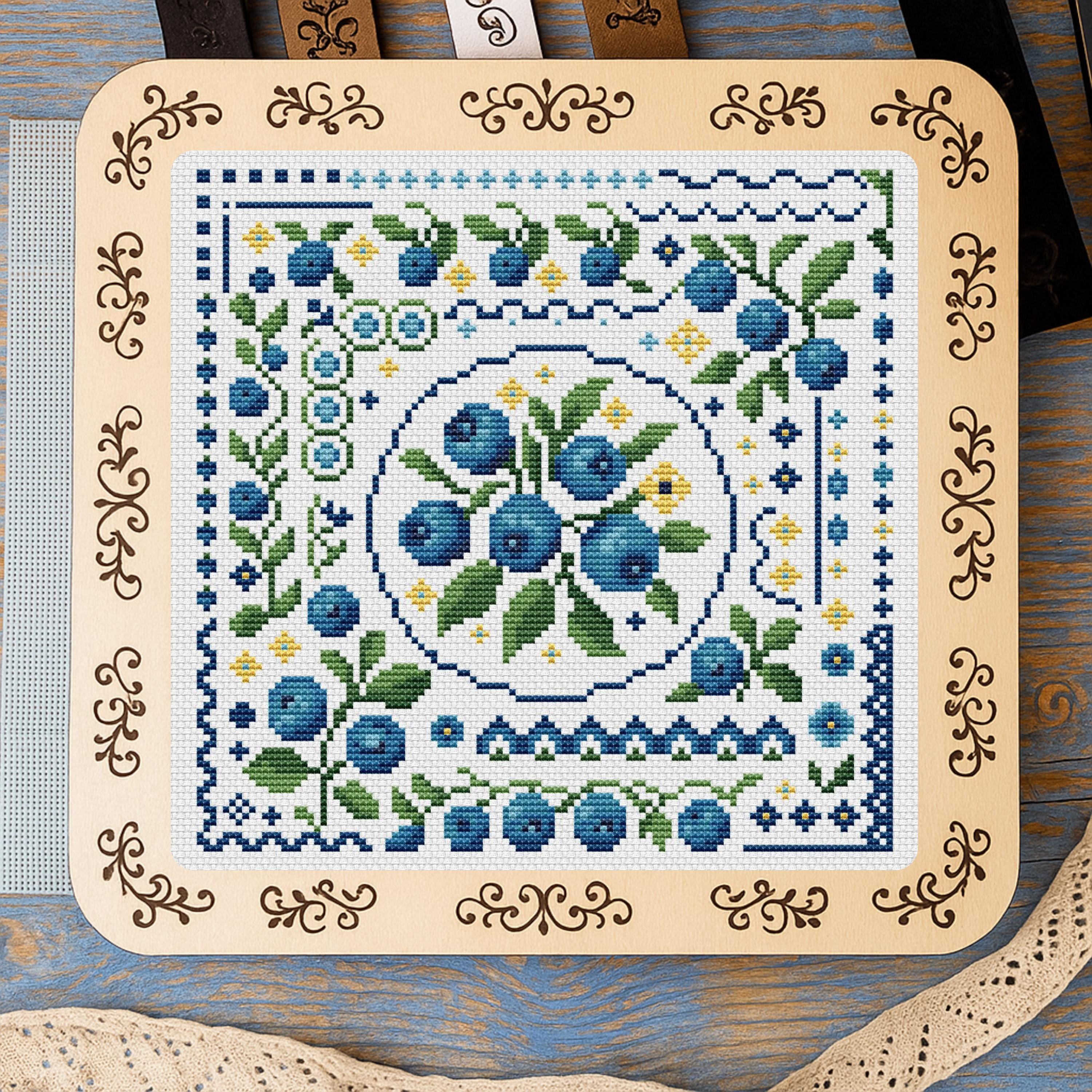 Blueberry Sampler cross stitch pattern, vegan food easy x-stitch, berry botanical design
