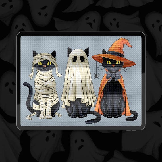 Halloween Black Cat Cross Stitch Pattern, Mummy, Ghost
