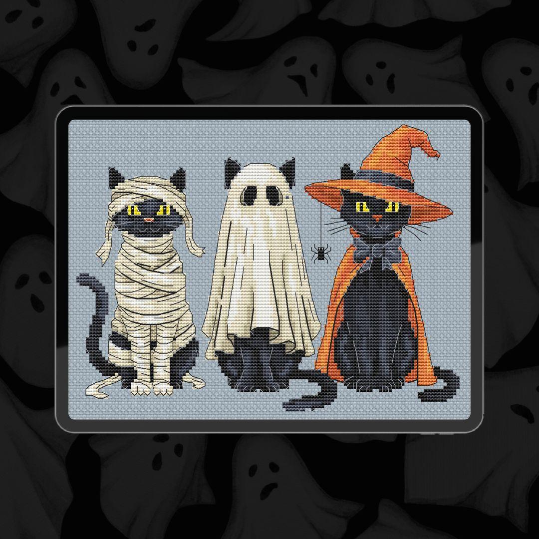 Halloween Black Cat Cross Stitch Pattern, Mummy, Ghost