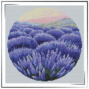 May include: A cross-stitch design featuring a field of lavender in shades of purple and blue, set against a light blue background. The top portion depicts a sunrise with pink and yellow hues. The artwork is framed in a black and white border.