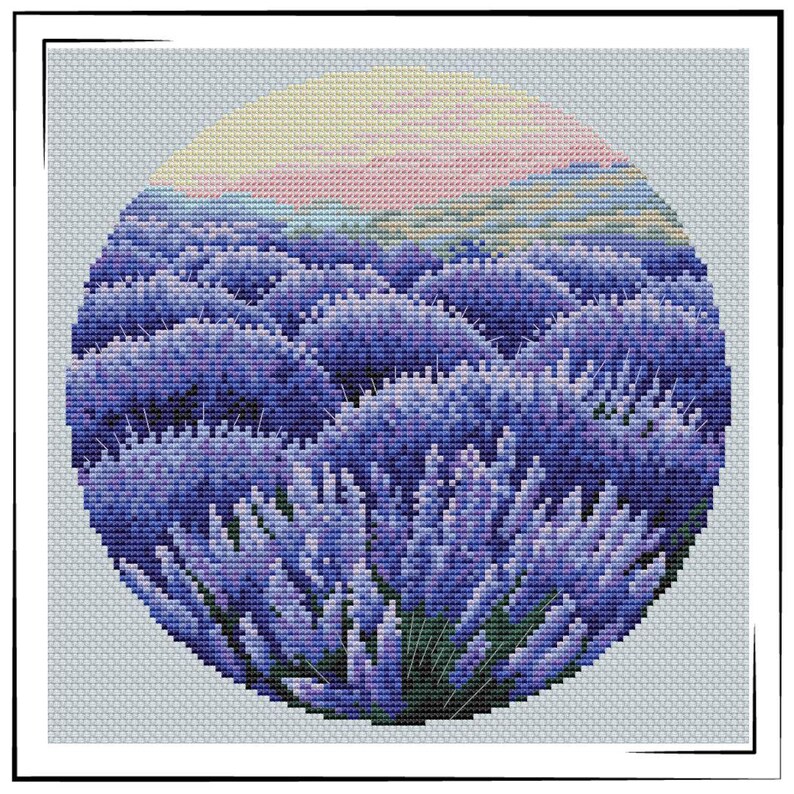 May include: A cross-stitch design featuring a field of lavender in shades of purple and blue, set against a light blue background. The top portion depicts a sunrise with pink and yellow hues. The artwork is framed in a black and white border.