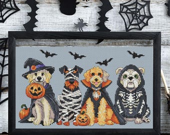 Patrón de punto de cruz de perros de Halloween, Retriever, terrier, bulldog, diseño digital de mascotas para pedir dulces