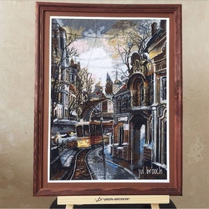 Cross-stitch cityscape kit, tram embroidery pattern, hand embroidered fall city landscape, needlepoint urban picture image 2