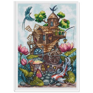 Fantastic house cross-stitch pattern, fairy cottage x-stitch design