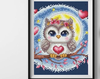 Owl on branch x-stitch, Valentine's Day PDF, Love cross stitch pattern