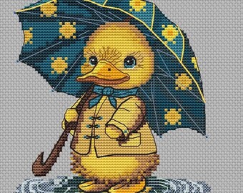 アヒルの子のクロスステッチパターン、傘を持ったアヒルの刺繍絵、雨の