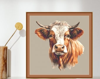 Cow cross stitch pattern, animal portrait x-stitch design, modern cross stitch