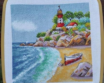 Lighthouse cross stitch pattern, coastal landscape x-stitch