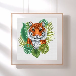 Tiger cross stitch pattern PDF file, nature digital needlework design, animal counted cross stitch chart