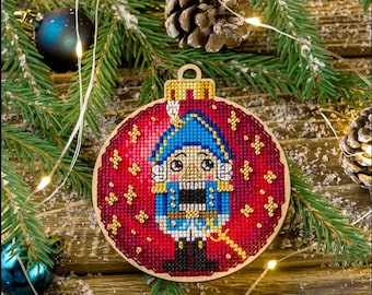 DIY Christmas bauble ornament, cross stitch & bead embroidery on wood kit, Xmas ball x-stitch hanging toy, Christmas tree decor