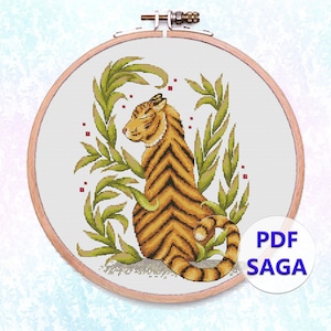 Tiger cross-stitch pattern, tiger in the jungle embroidery design, counted cross stitch chart