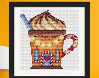 Cacao cross-stitch pattern, cute Christmas house embroidery PDF digital, Hand Embroidery, Counted cross stitch,