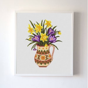 Spring bouquet cross stitch pattern, still life with crocuses & daffodil, floral x-stitch design pdf