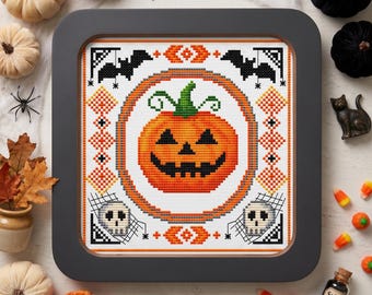 Halloween Pumpkin cross stitch pattern, bat & scull sampler xstitch, Jack O lantern design