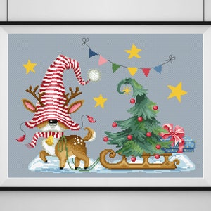 Stickmuster Rentier mit Weihnachtsbaum, Kreuzstich Stickmuster, Weihnachtsdeko für Zuhause