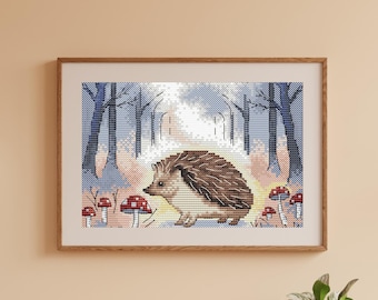 Hedgehog cross stitch pattern, mushroom & Hedgehog  x-stitch design, forest animal PDF file needlepoint