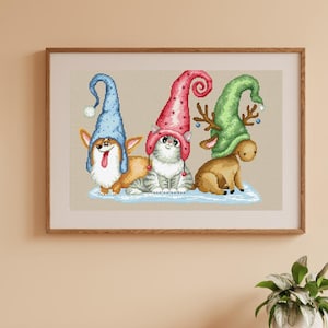 Christmas corgi cross stitch pattern, Xmas dogs counted cross stitch pdf