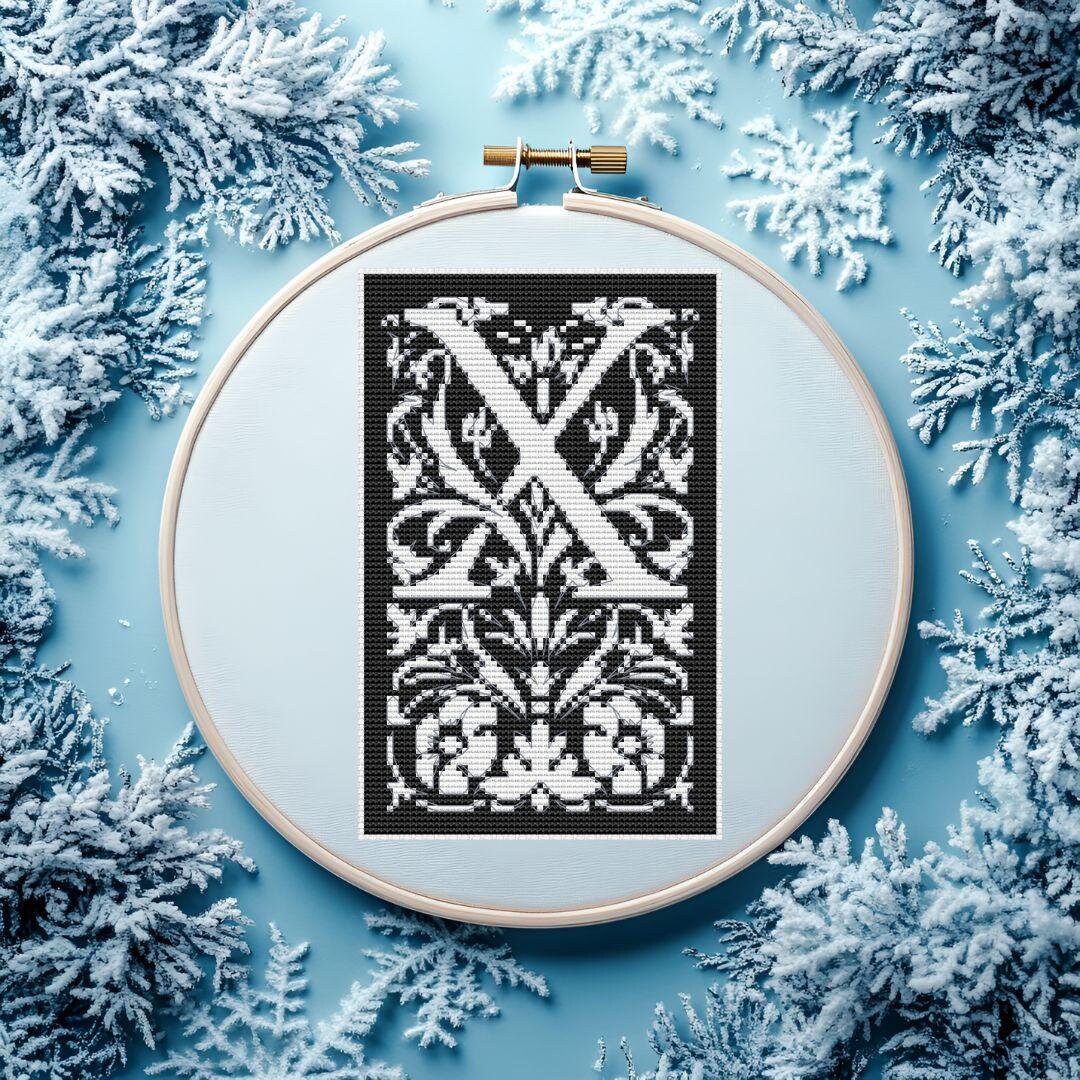 X Stitching Pattern Letter X Monochrome Cross Stitch Pattern, Floral Monogram Font X-stitch ...