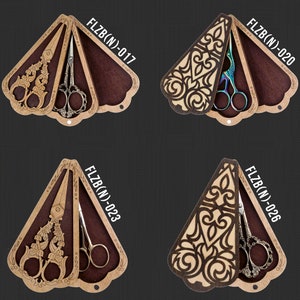 May include: Four wooden boxes with intricate laser-cut designs, each containing a pair of decorative scissors. The boxes are shaped like a fan and have a brown wood finish. The scissors are silver, gold, and rainbow-colored.