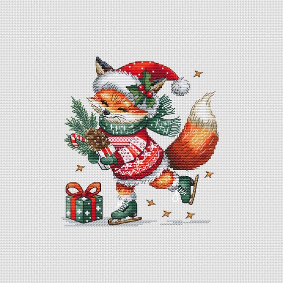 リネン製キツネ刺繍クリスマスストッキング Christmas Fox With Gifts Cross Stitch Pattern, Ice Skater X-stitch