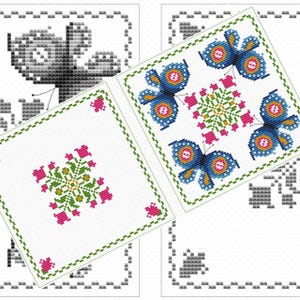 Biscornu cross stitch pattern, Butterflies sampler easy design, geometric simple x-stitch