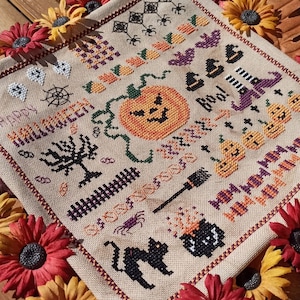 Sampler halloween cross-stitch pattern, easy embroidery pattern, pumpkin witch counted cross -stitch,