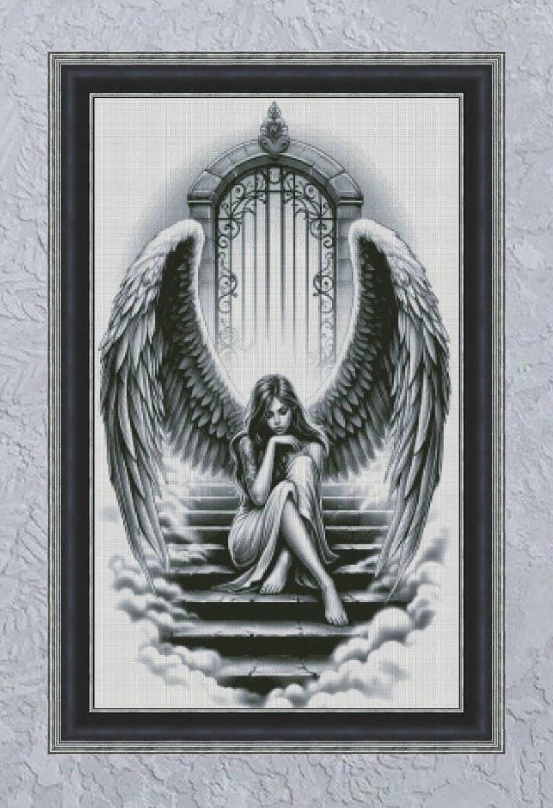 Angel Girl on Steps Cross Stitch Pattern, Woman With Wings Monochrome X ...