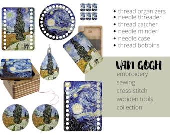 Van Gogh Night, Set of 6 Sewing cross-stitch embroidery accessories, needle case, thread organizer, needle threader, thread bobbins