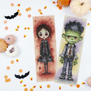 Halloween bookmark cross stitch pattern, Wednesday & zombie boy embroidery design, spooky bookmark digital PDF