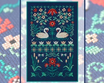 Swan couple on the river cross stitch pattern,birds & flowers x-stitch pdf, Ukrainian ethnic motifs design, swan love counted cross stitch