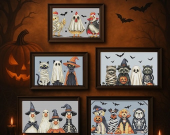 Halloween Animals cross stitch pattern, Bundle 5 designs trick or treat