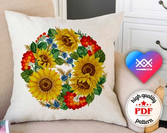 Sunflowers cross stitch pattern, Ukrainian traditional Petrykivka art,  embroidery pattern