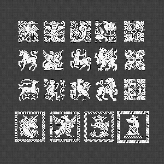 Antique cross-stitch kit, Greek mythology design, monochrome pattern, PDF, PEF and Saga digital files, 24 motifs