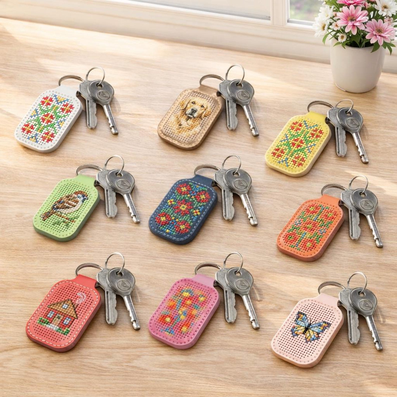 Embroidery Keyring Keychain Cross Stitch Kit, Leather Key Fob DIY Base, Embroidery Keyring ...