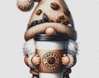 Coffee lover gnome cross stitch pattern, Morning Cup of Coffee x-stitch design, dwarf stitching pattern