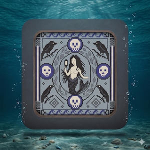 Gothic Mermaid cross stitch pattern, primitive Halloween x-stitch design, raven & skull sampler digital