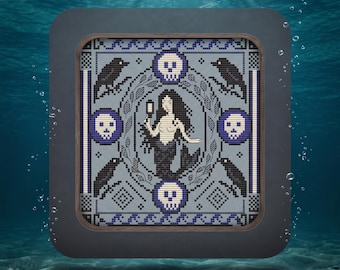 Gothic Mermaid cross stitch pattern, primitive Halloween x-stitch design, raven & skull sampler digital