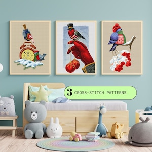 Winter birds cross stitch patterns, set of 3 Christmas digital designs, modern cross stitch chart