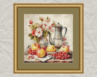 フルーツの静物画を数えたクロスステッチキット、素朴なキッチン