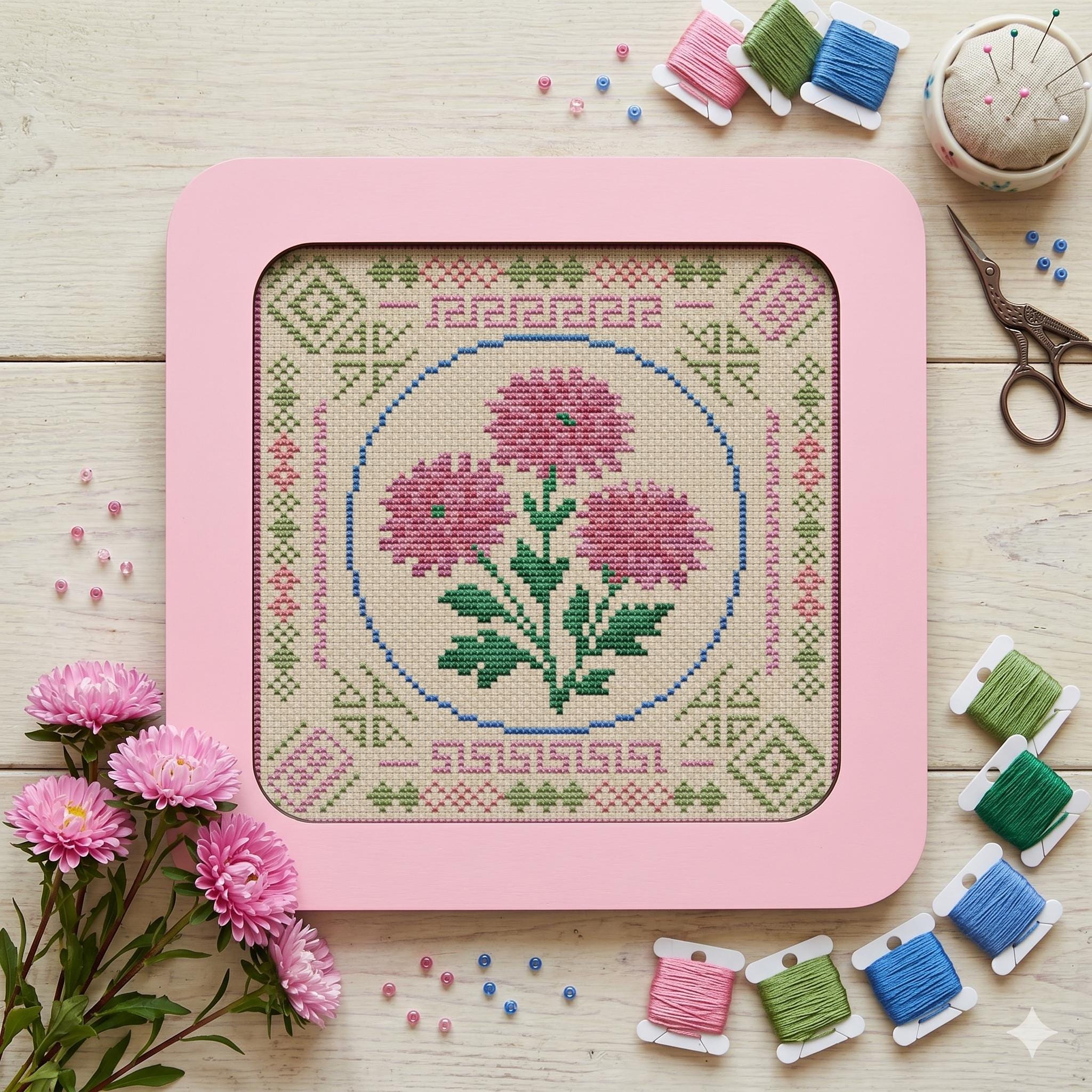 Chrysanthemum Cross Stitch Pattern, Pink Flowers X-stitch, Simple