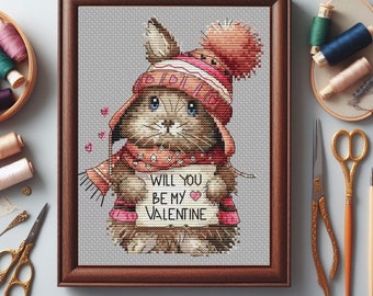 Valentine bunny cross-stitch pattern, cute rabbit x-stitch design, modern cross stitch chart