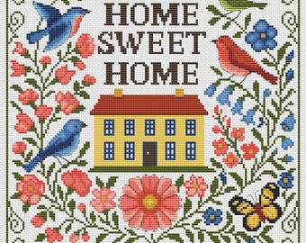 Home sweet home einfach x-Stitch, viktorianisches Sampler Kreuzstichmuster, primitives Hausblumenmuster