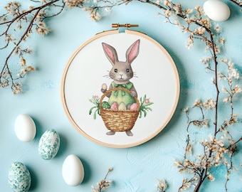 Lapin de Pâques avec une corbeille d'oeufs, motif point de croix, lapin de Pâques x-stitch, fichier PDF de décoration pour la maison cadeau de Pâques, décoration murale printanière bricolage