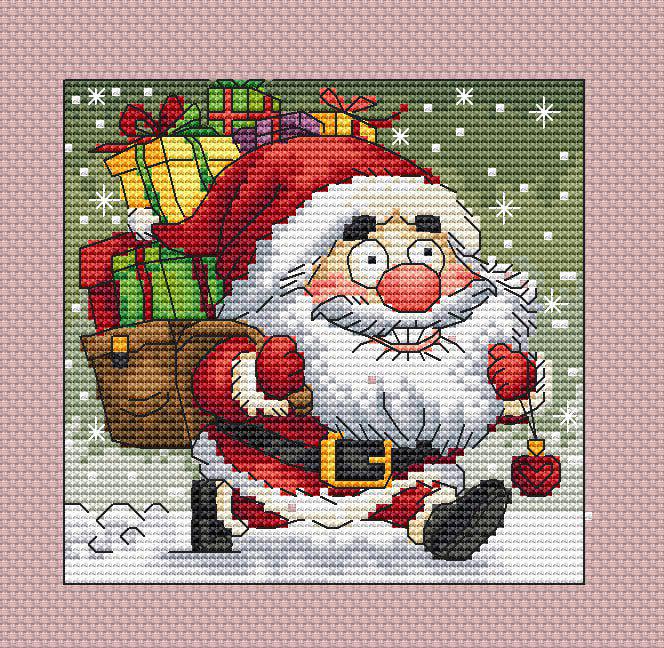 Cartoon Santa With Gifts Cross-stitch Pattern, Christmas Gnome PDF