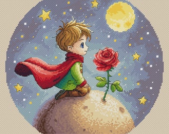 Llittle Prince and the Rose Cross Stitch Pattern, Boy on a Small